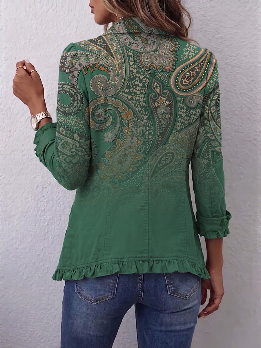Addolorata | Elegante Chaqueta Verde con Estampado de Cachemira y Volante