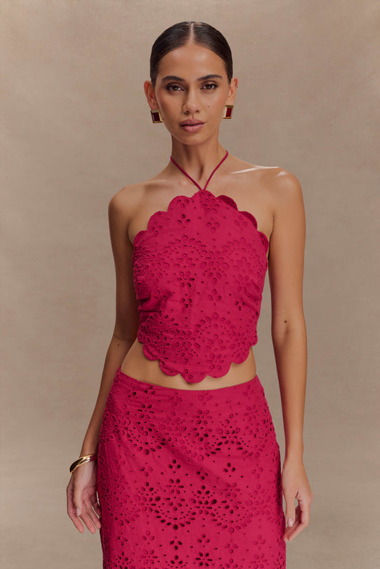 Top halter Kensley de broderie color fruta del dragón
