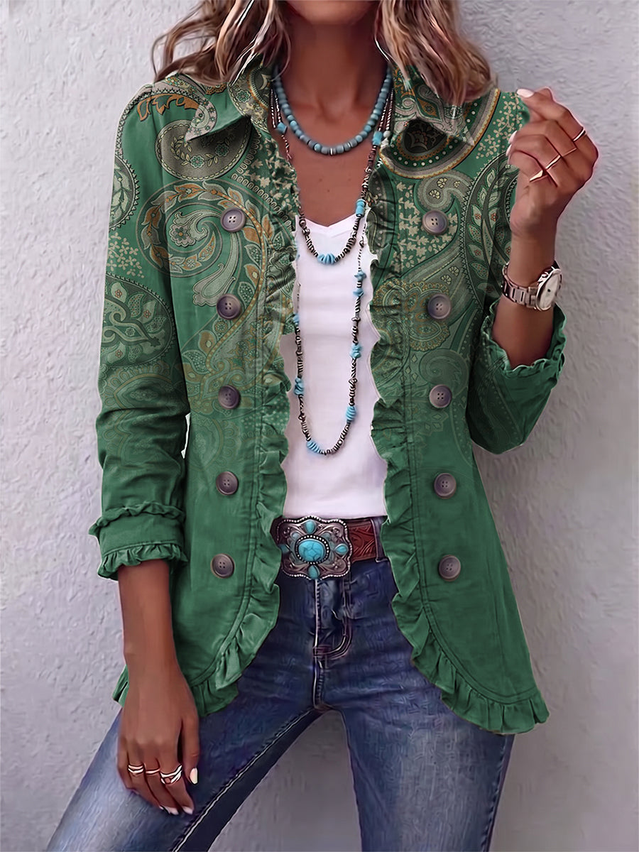 Addolorata | Elegante Chaqueta Verde con Estampado de Cachemira y Volante